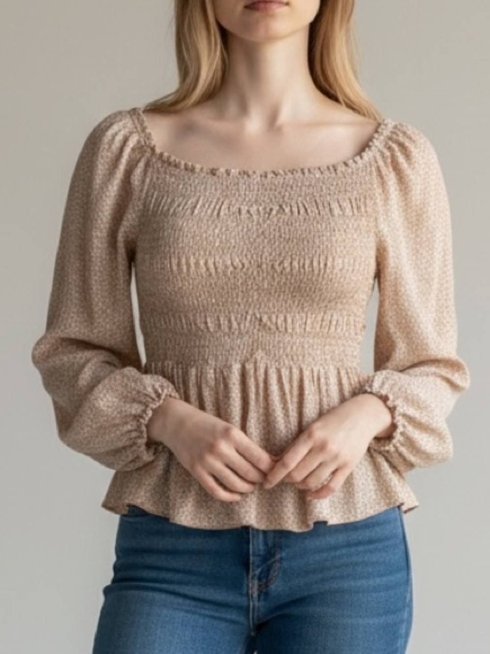 Urban Romantics Smocked Peplum Blouse Beige Floral Boho Cottagecore Prairie Top - Picture 6 of 6